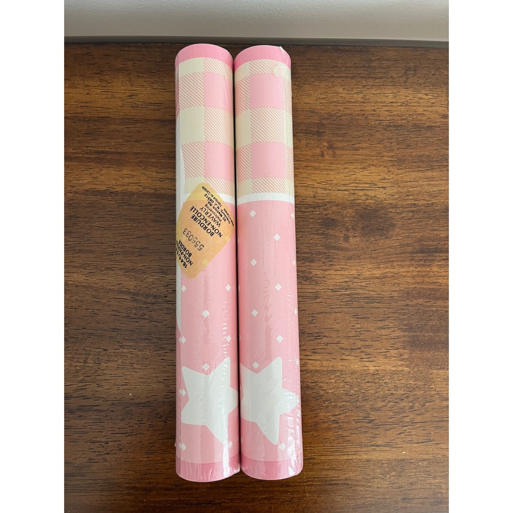 Waverly Non-Pasted Wallpaper Border Pink and‎ white with star gingham Vtg decor